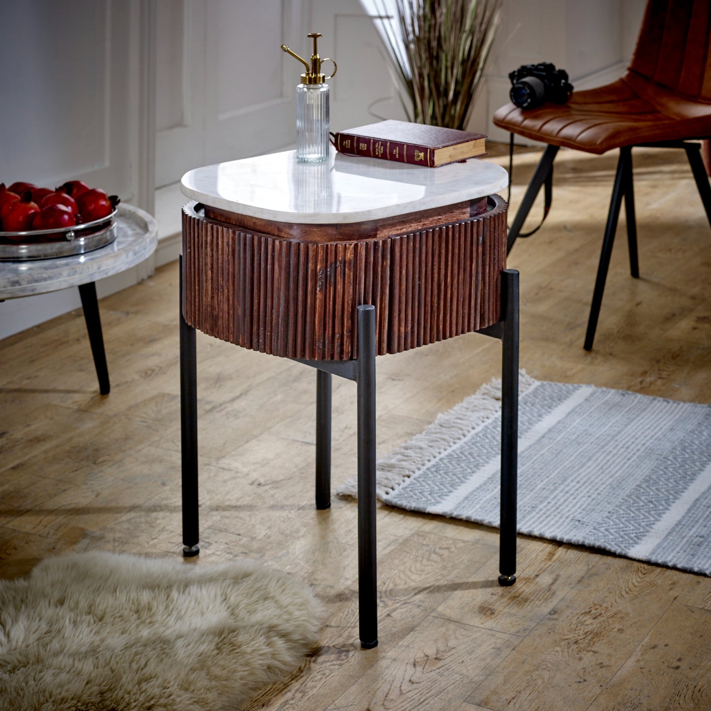 Mango Wood Bedside Table With Marble Top & Metal Legs
