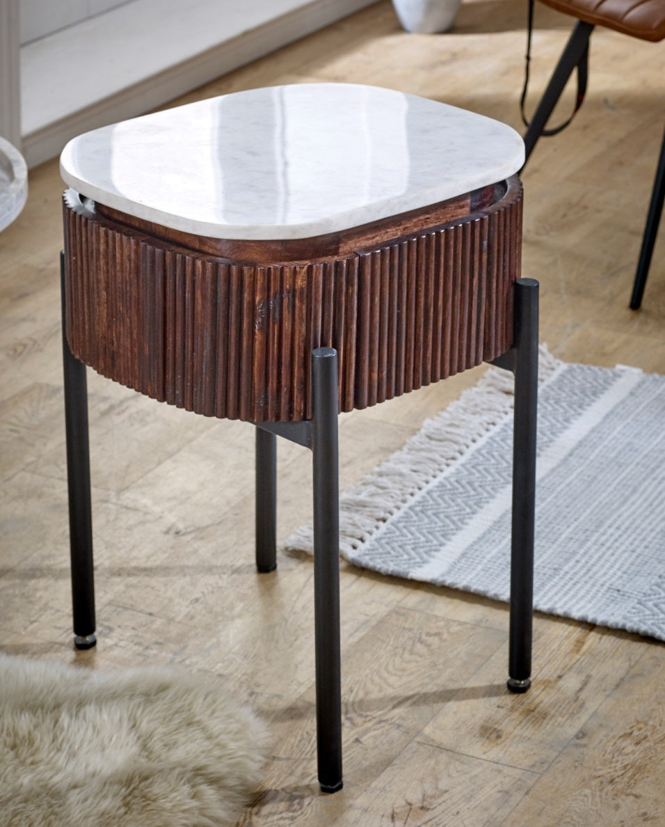 Mango Wood Bedside Table With Marble Top & Metal Legs