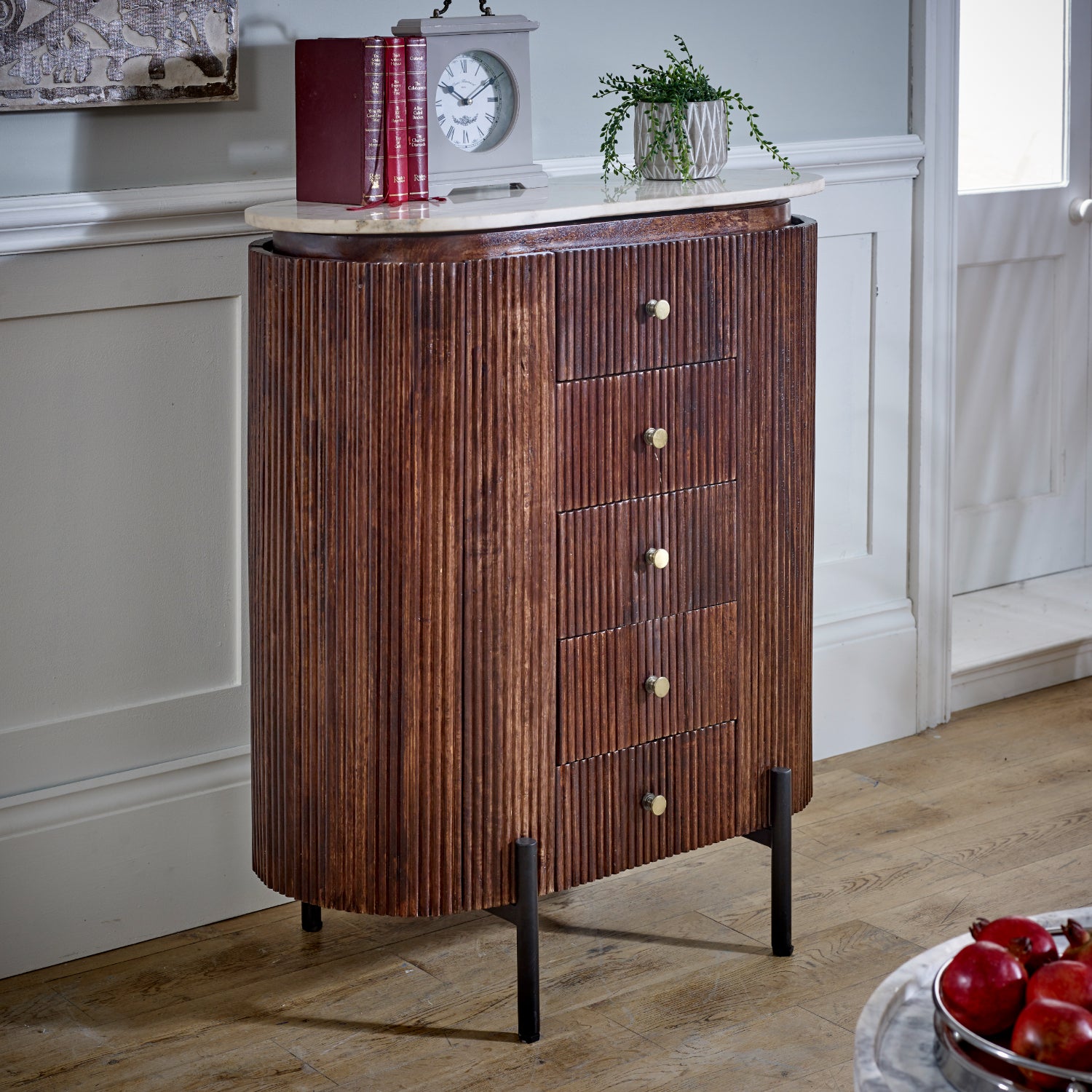 Mango Wood Wide Chest Of Drawers with Marble Top & Metal Legs