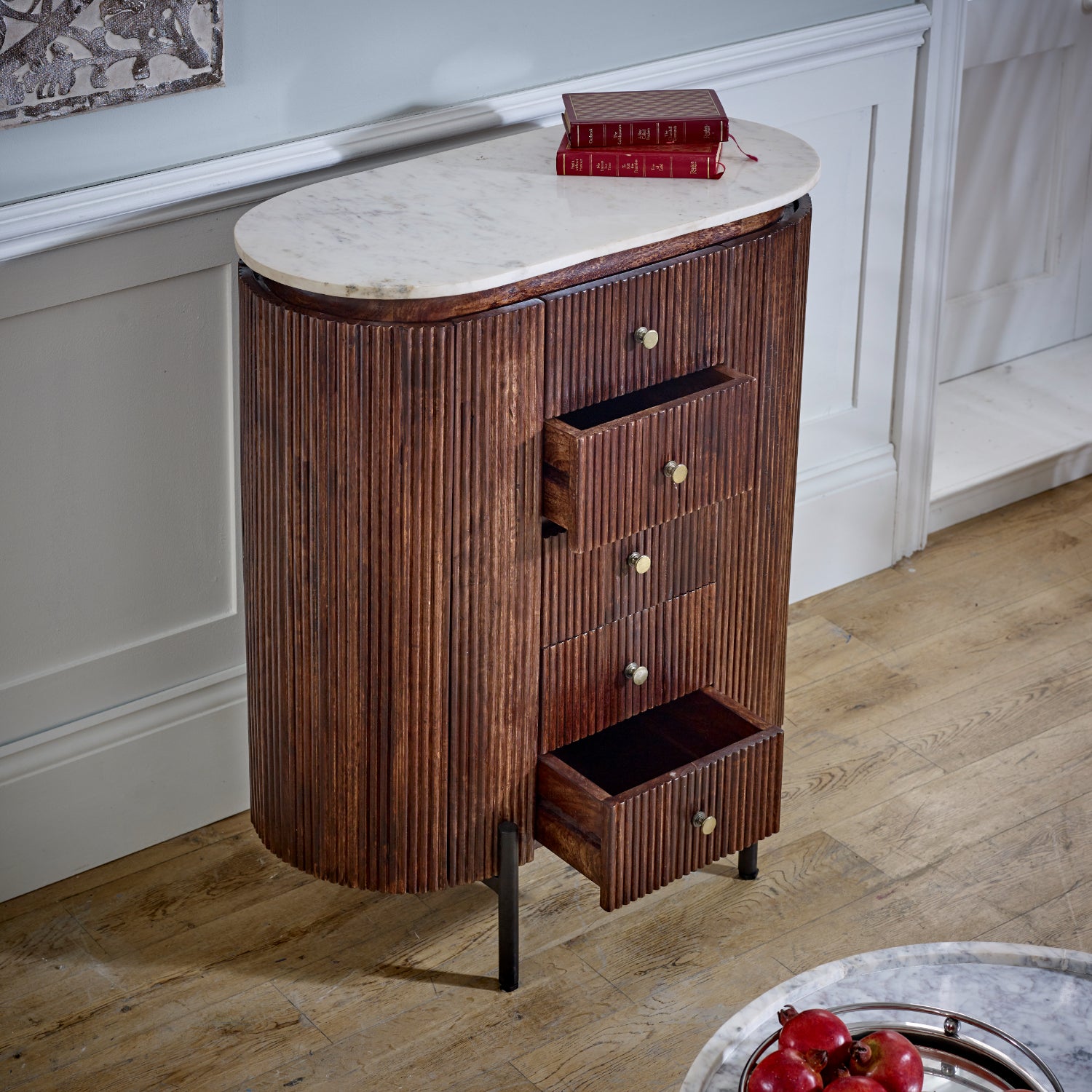 Mango Wood Wide Chest Of Drawers with Marble Top & Metal Legs