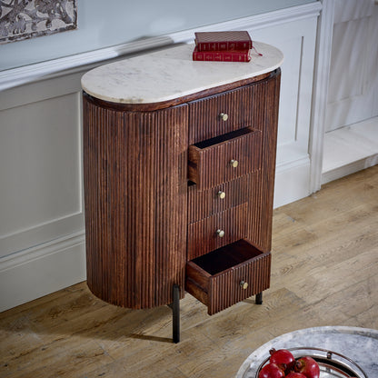 Mango Wood Wide Chest Of Drawers with Marble Top & Metal Legs