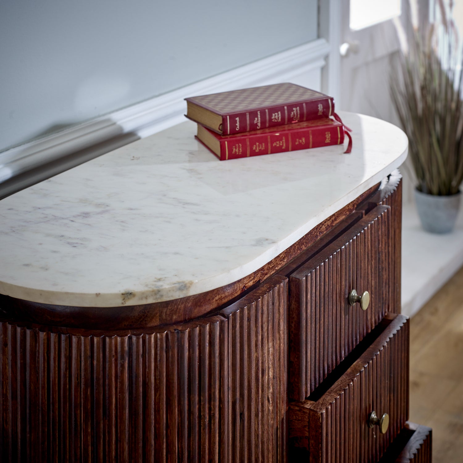 Mango Wood Wide Chest Of Drawers with Marble Top & Metal Legs