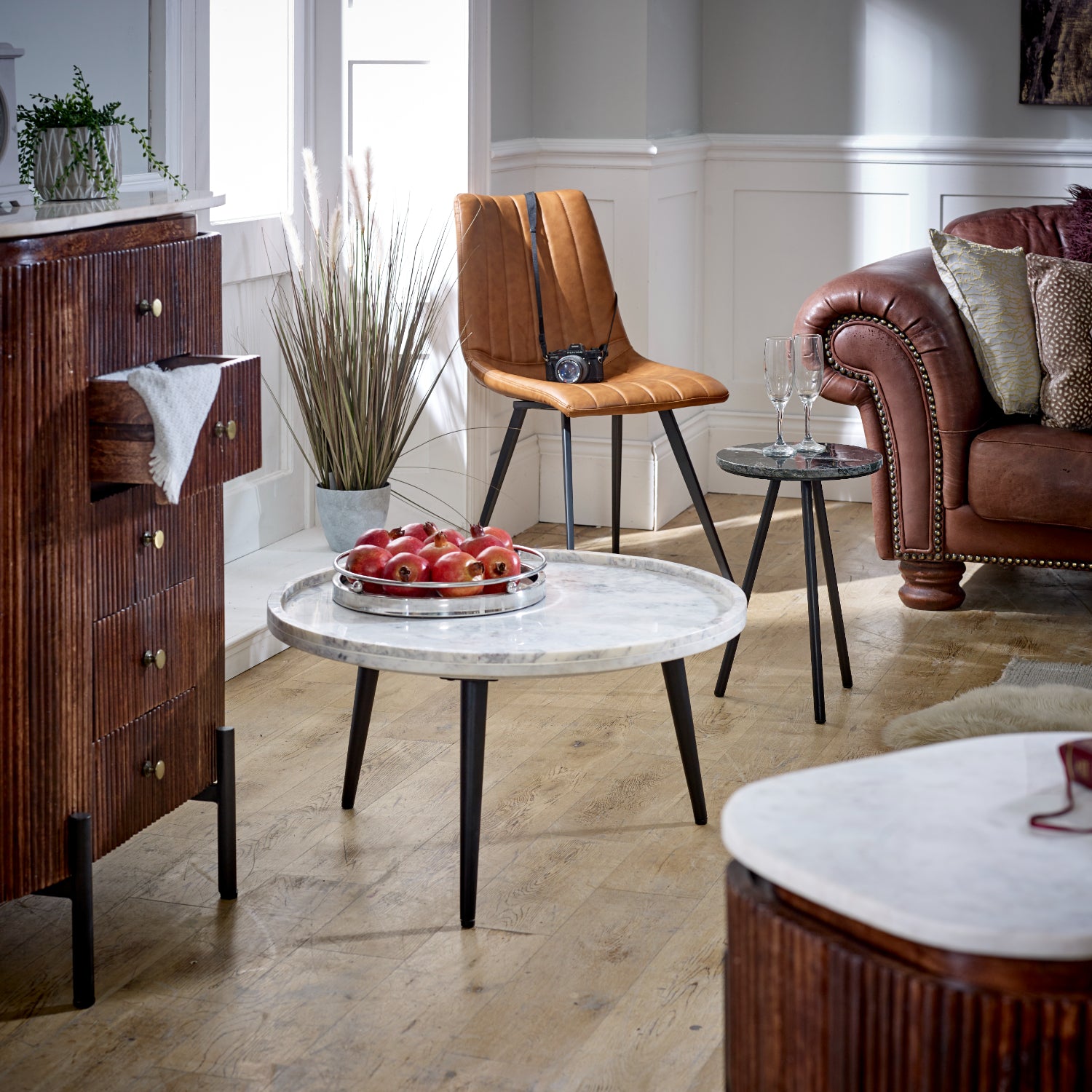 Mango Wood Wide Chest Of Drawers with Marble Top & Metal Legs