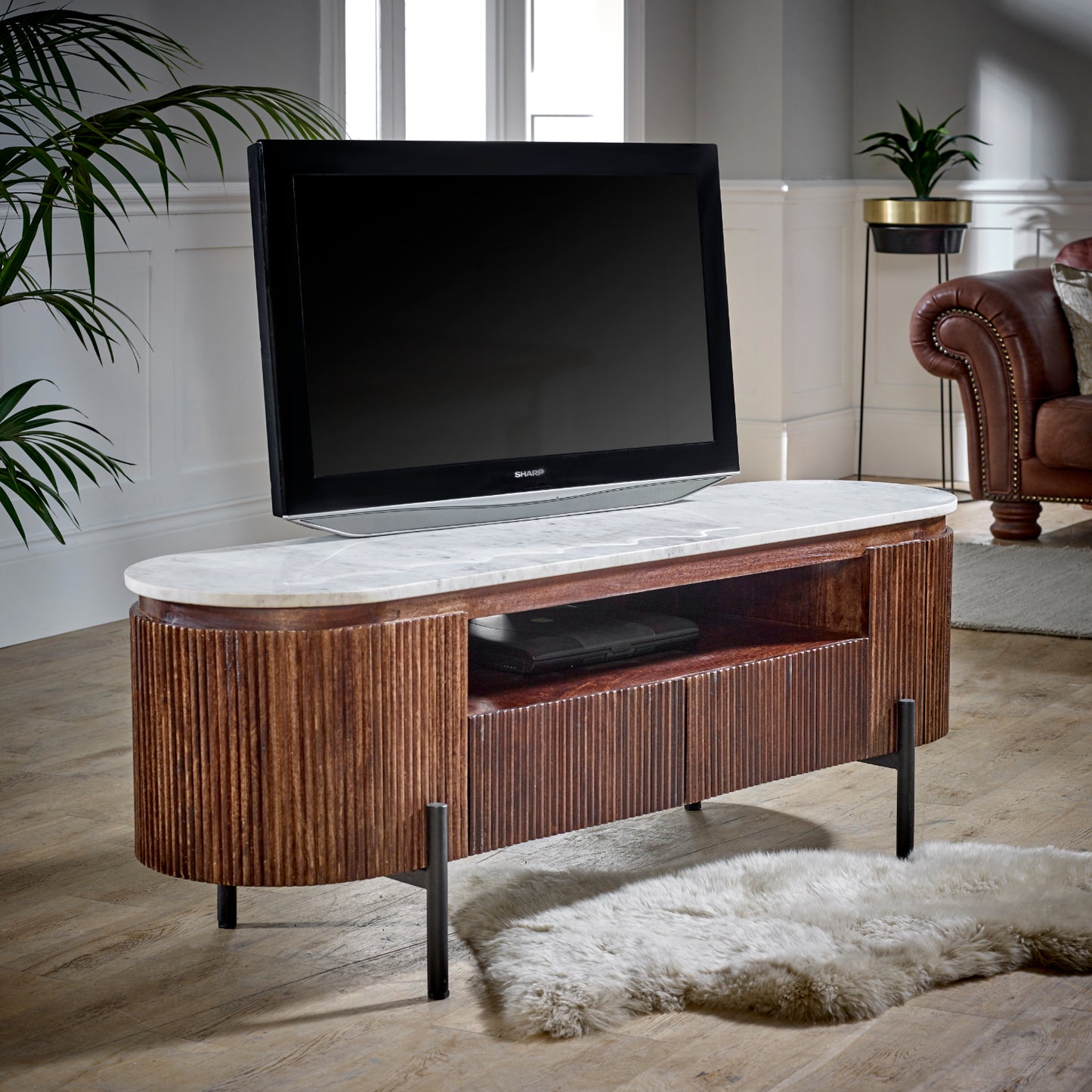 Mango Wood Tv Cabinet With  Marble Top & Metal Legs