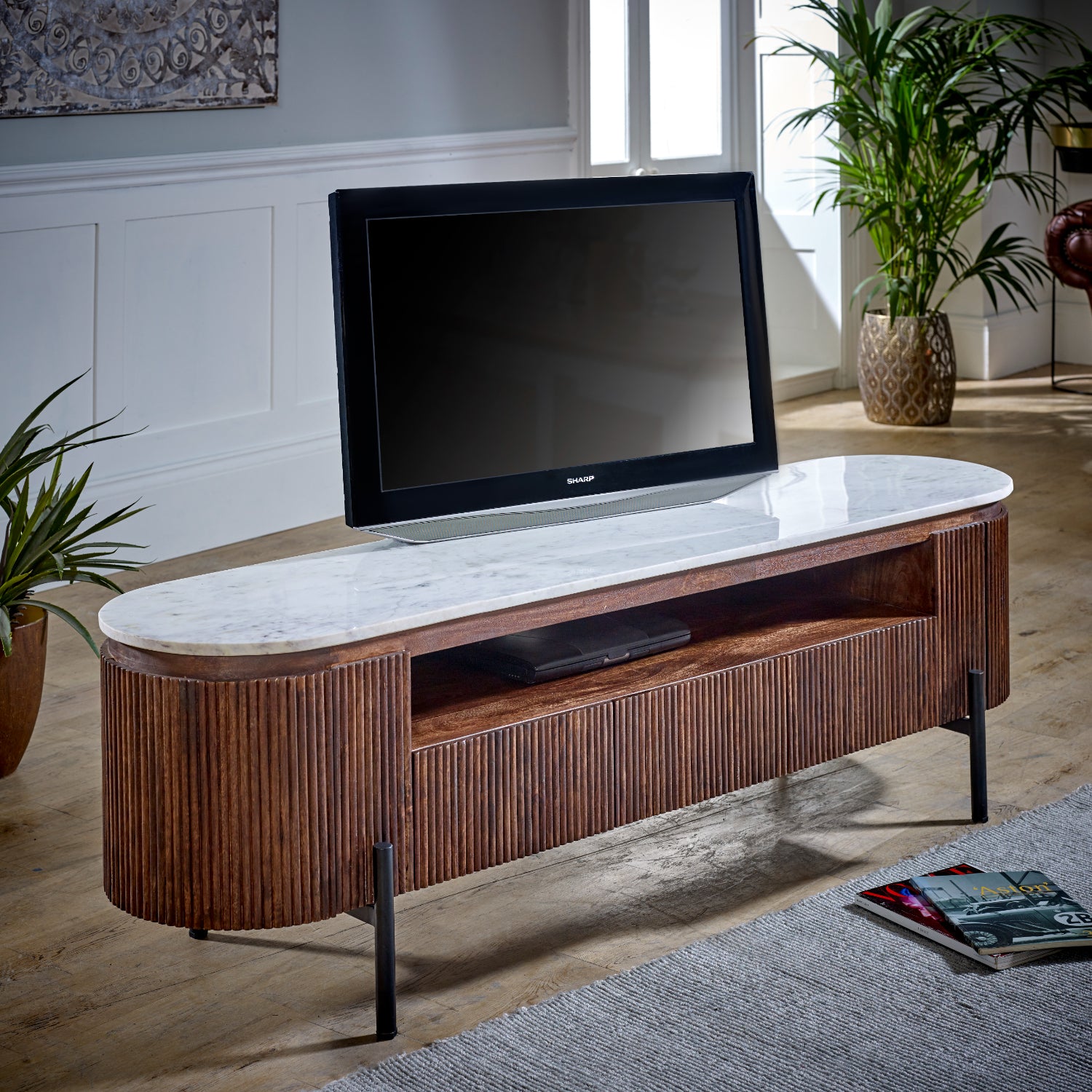 Mango Wood Large Tv Stand With Marble Top & Metal Legs
