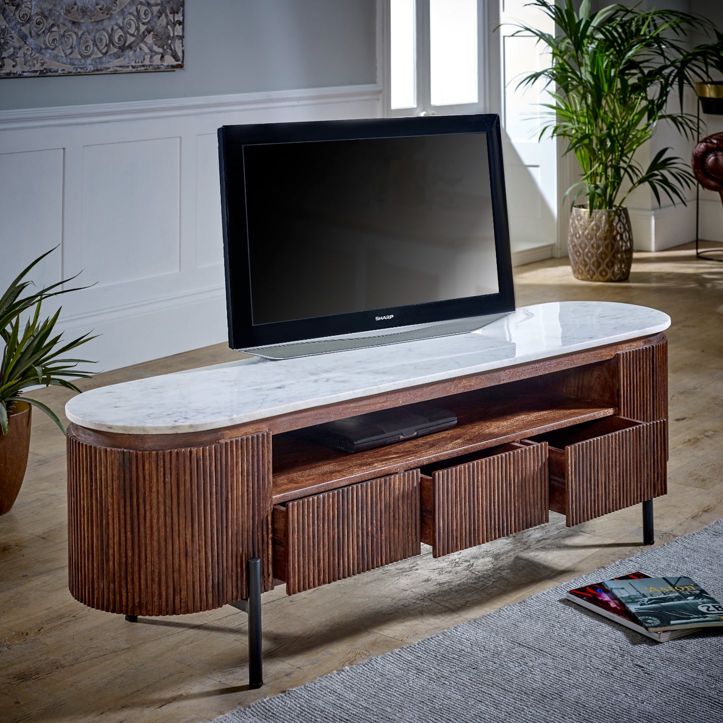 Mango Wood Large Tv Stand With Marble Top & Metal Legs