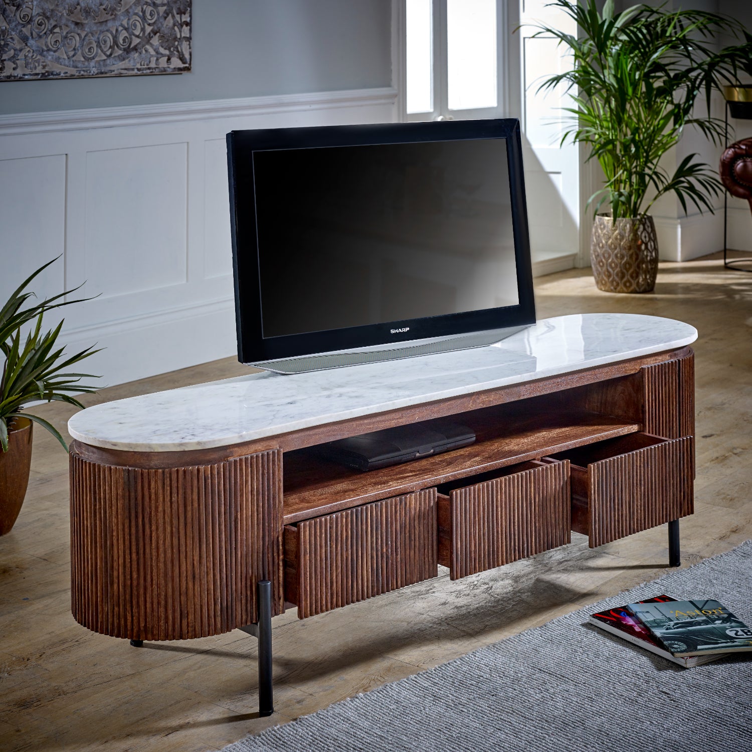 Mango Wood Large Tv Stand With Marble Top & Metal Legs