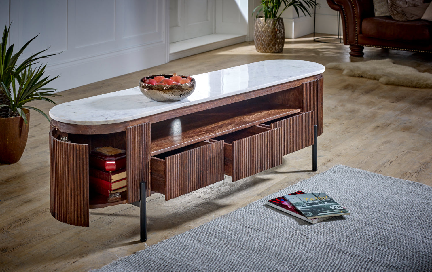 Mango Wood Large Tv Stand With Marble Top & Metal Legs