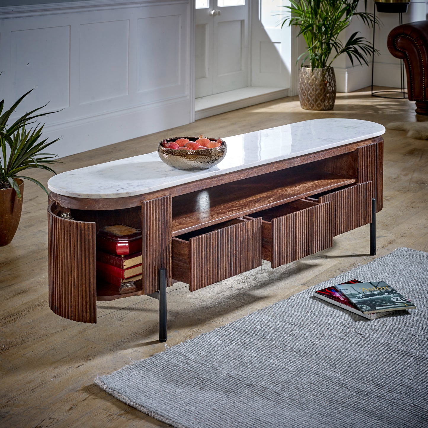 Mango Wood Large Tv Stand With Marble Top & Metal Legs