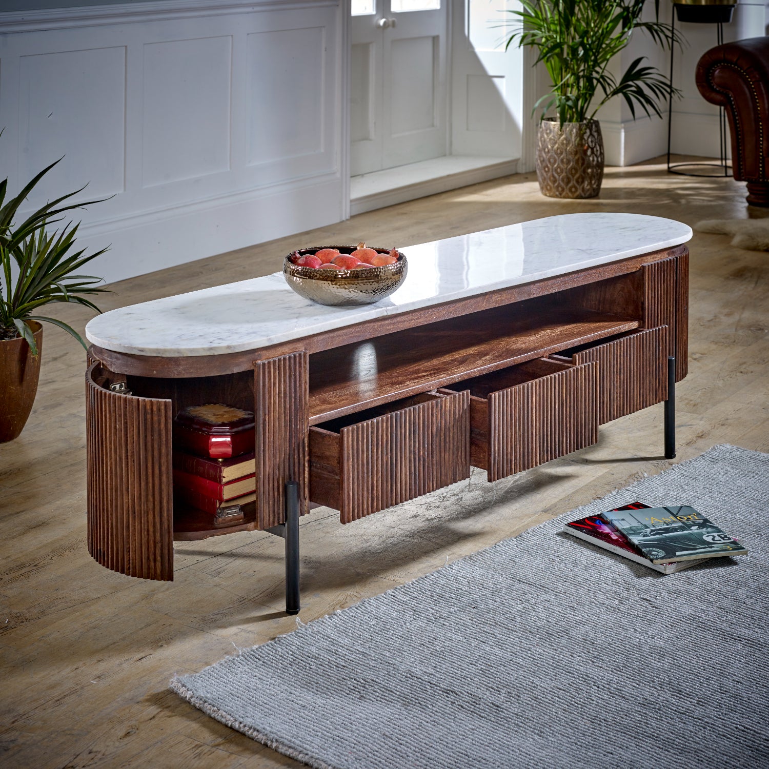 Mango Wood Large Tv Stand With Marble Top & Metal Legs