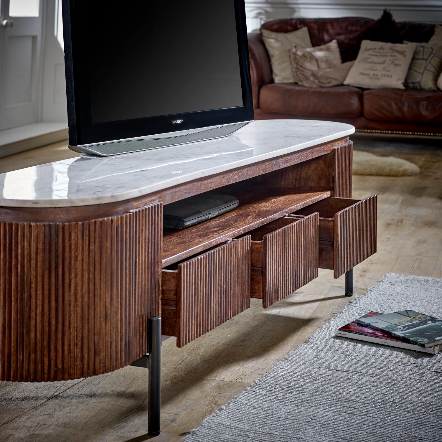 Mango Wood Large Tv Stand With Marble Top & Metal Legs