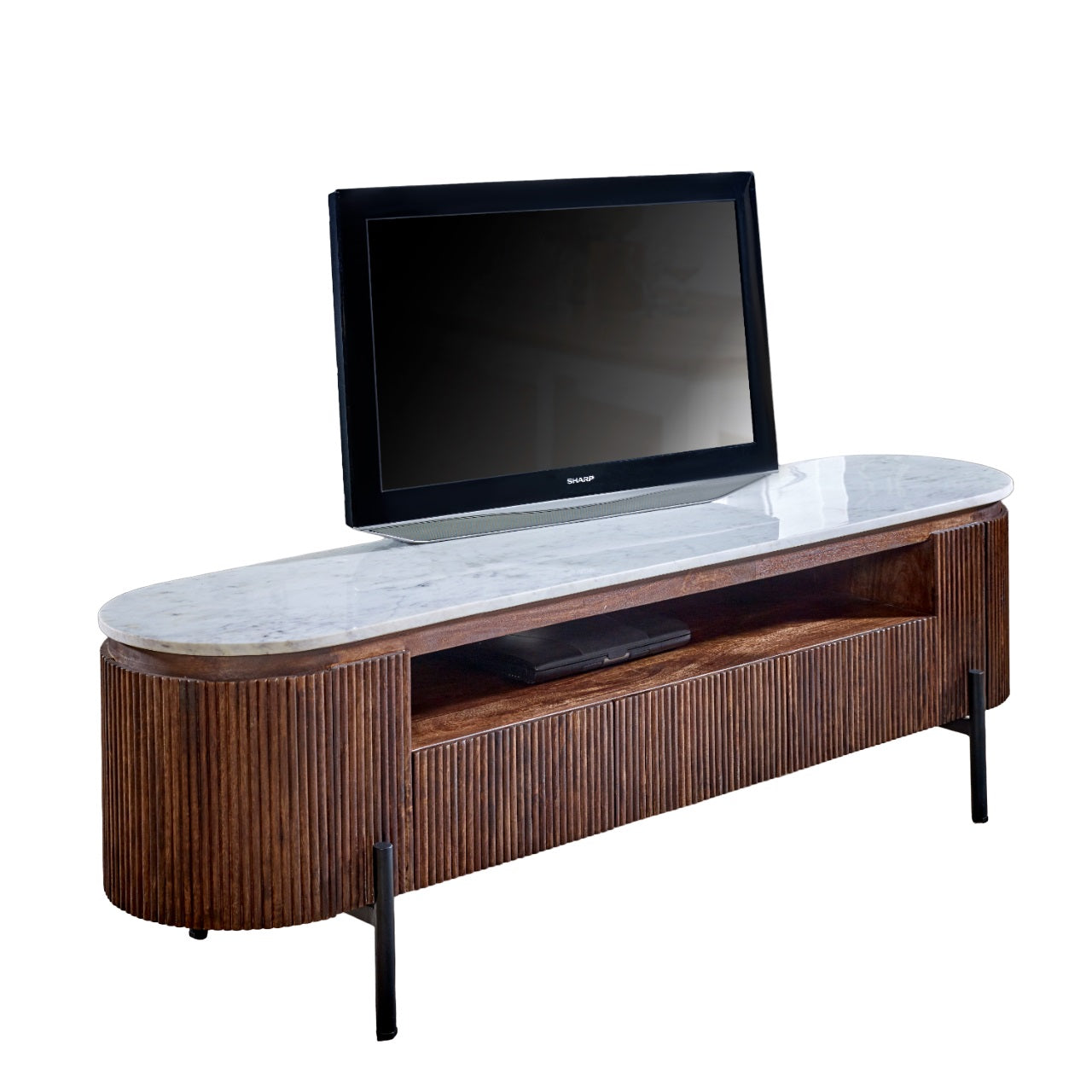 Mango Wood Large Tv Stand With Marble Top & Metal Legs