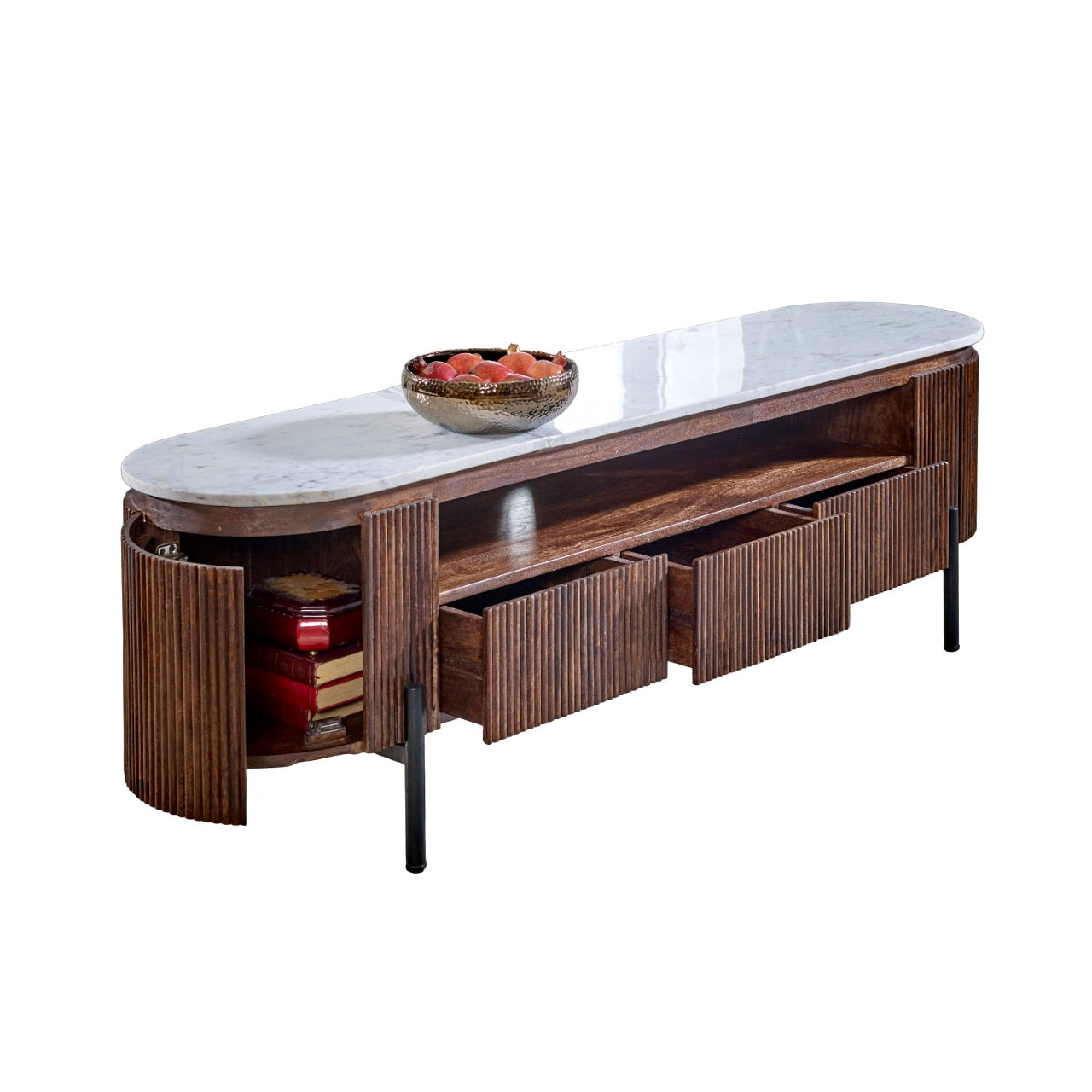 Mango Wood Large Tv Stand With Marble Top & Metal Legs