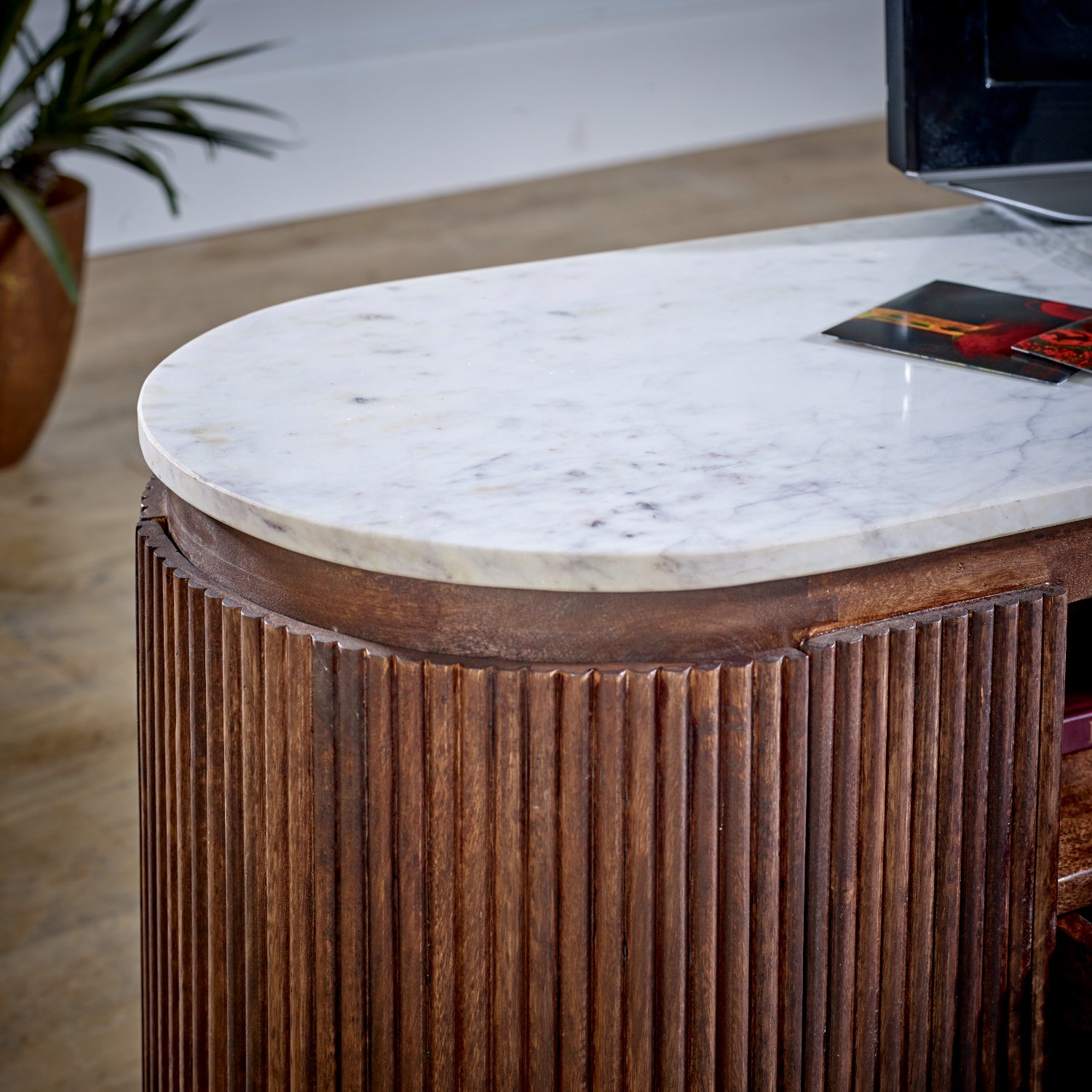 Mango Wood Large Tv Stand With Marble Top & Metal Legs