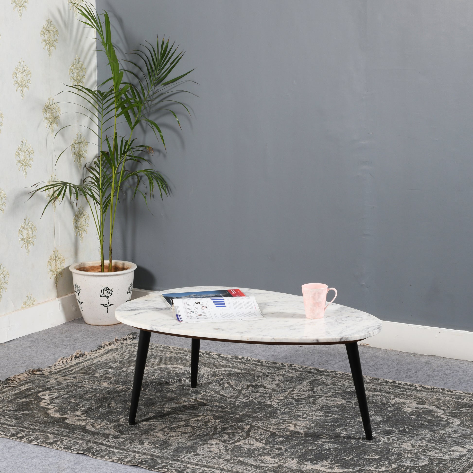 Coffee Table With White Marble Top & Metal Legs
