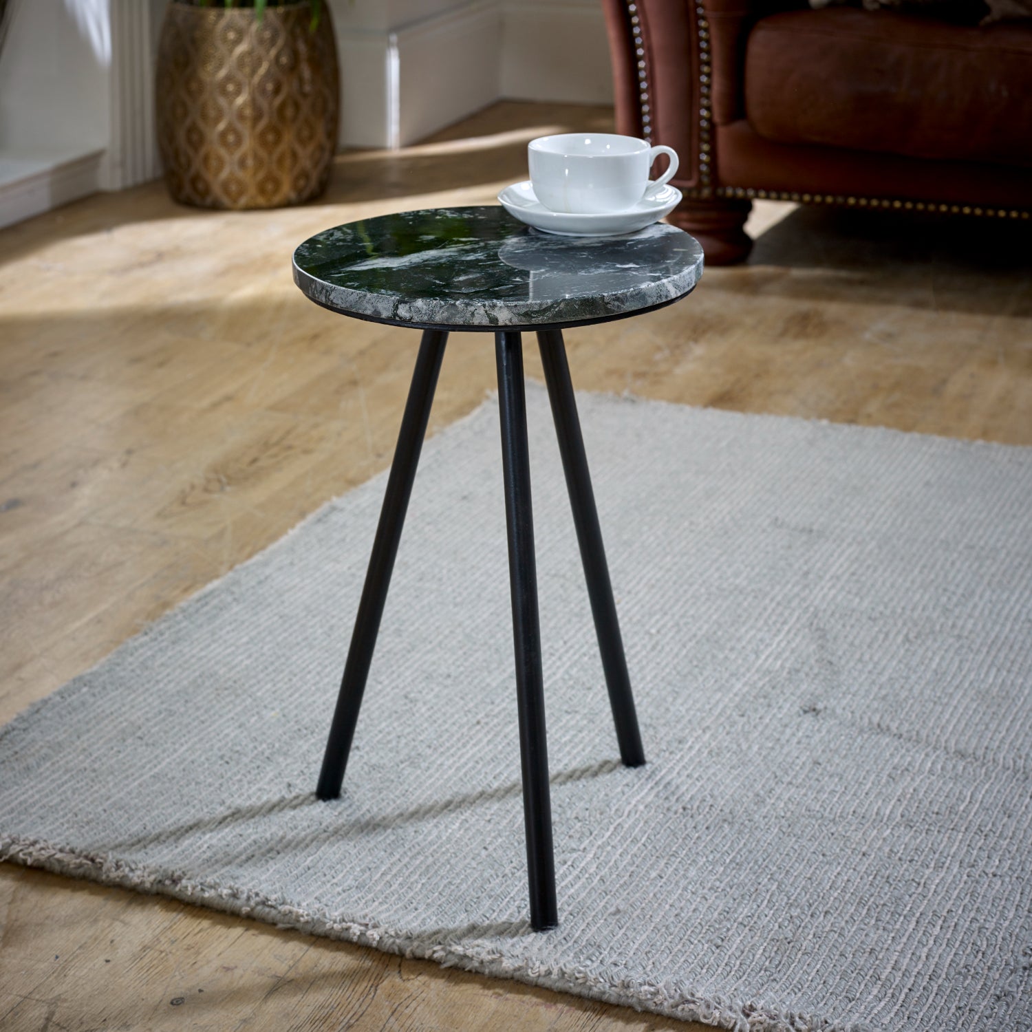 Side Table With Black Marble Top & Metal Legs