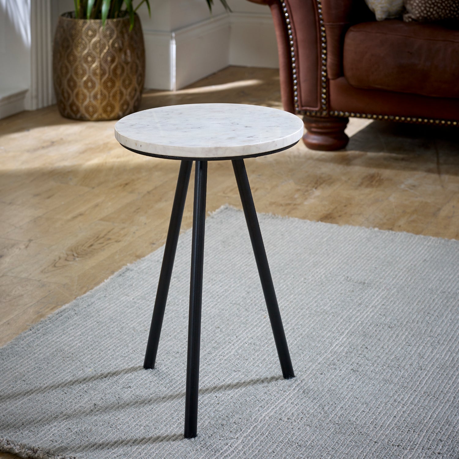 Side Table With White Marble Top & Metal Legs
