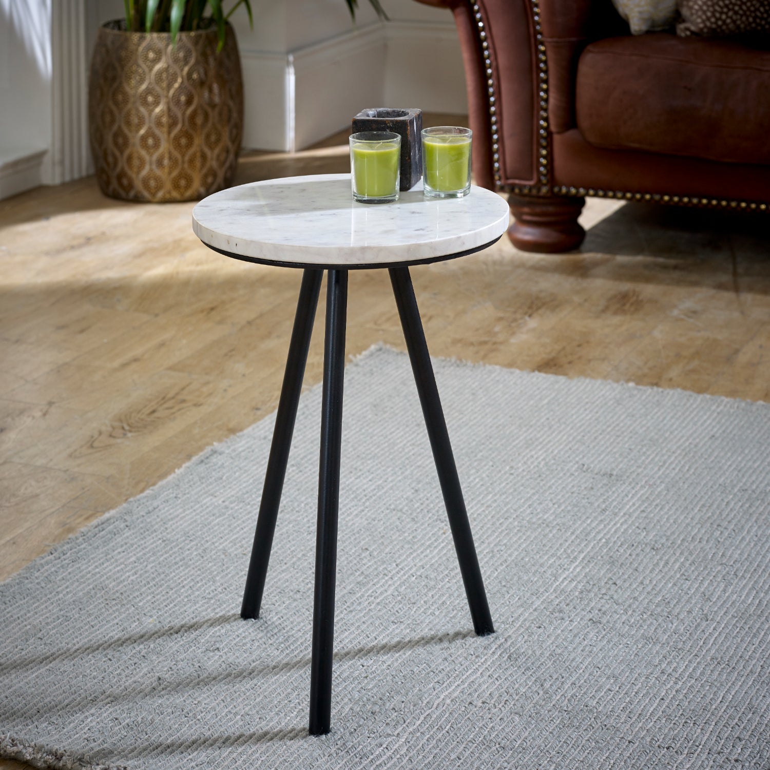 Side Table With White Marble Top & Metal Legs