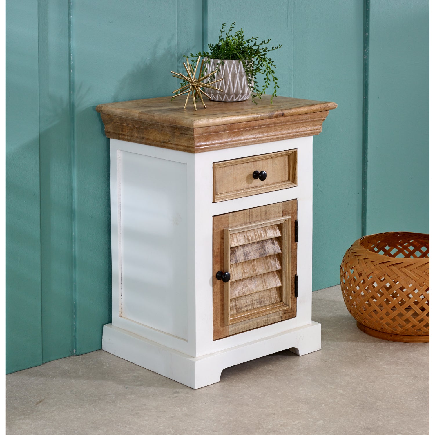 Solid Mango Wood Bedside Cabinet 1 Drawer + 1 Door