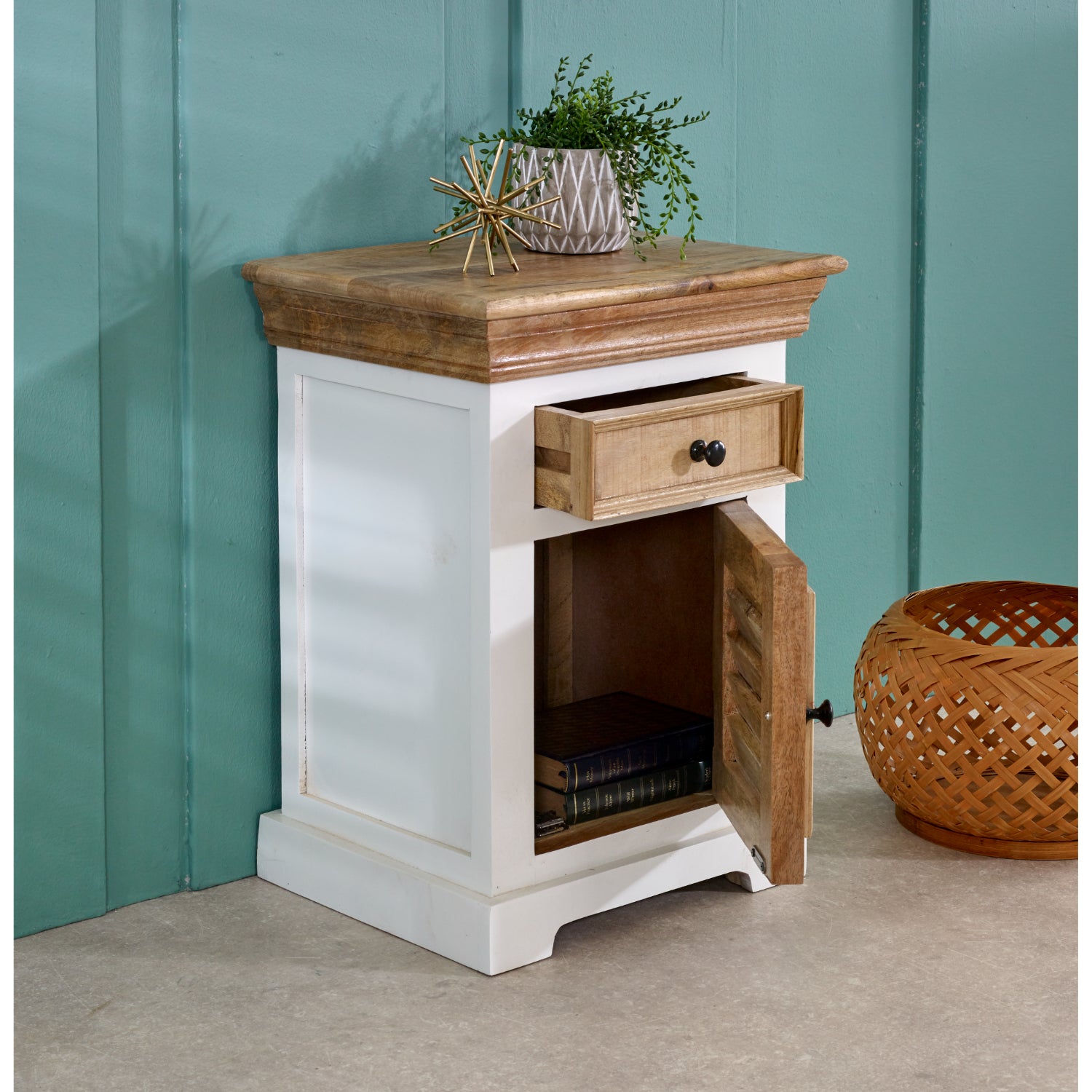 Solid Mango Wood Bedside Cabinet 1 Drawer + 1 Door