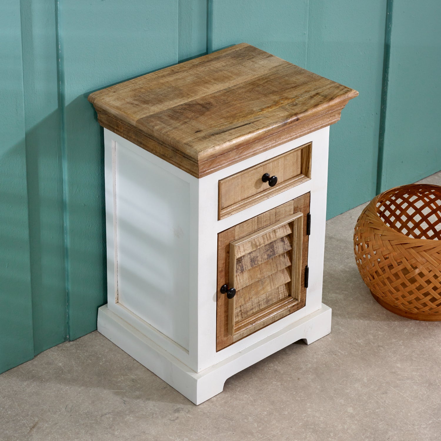 Solid Mango Wood Bedside Cabinet 1 Drawer + 1 Door