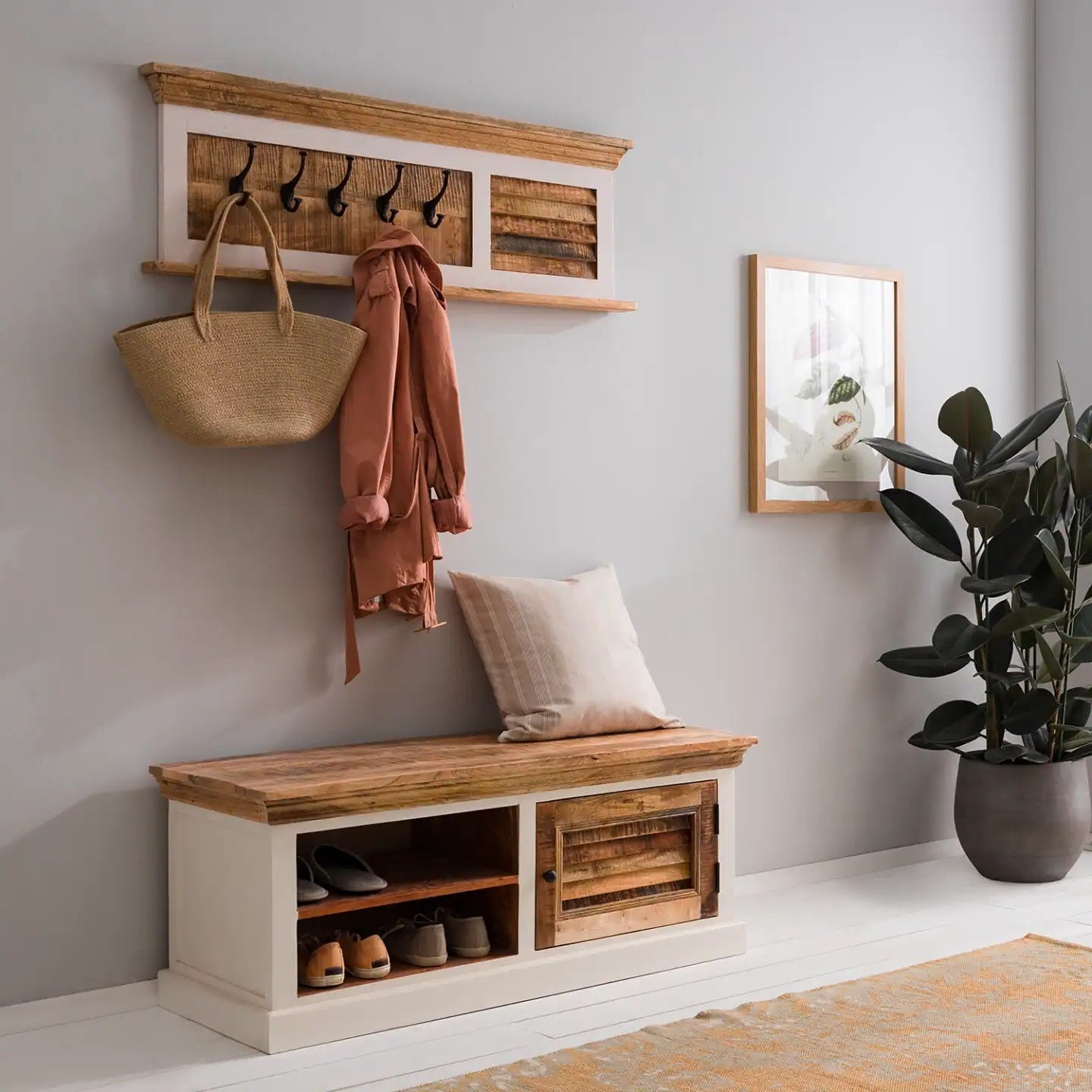 Wood Shoe Rack & Hanger Wall Hook Set