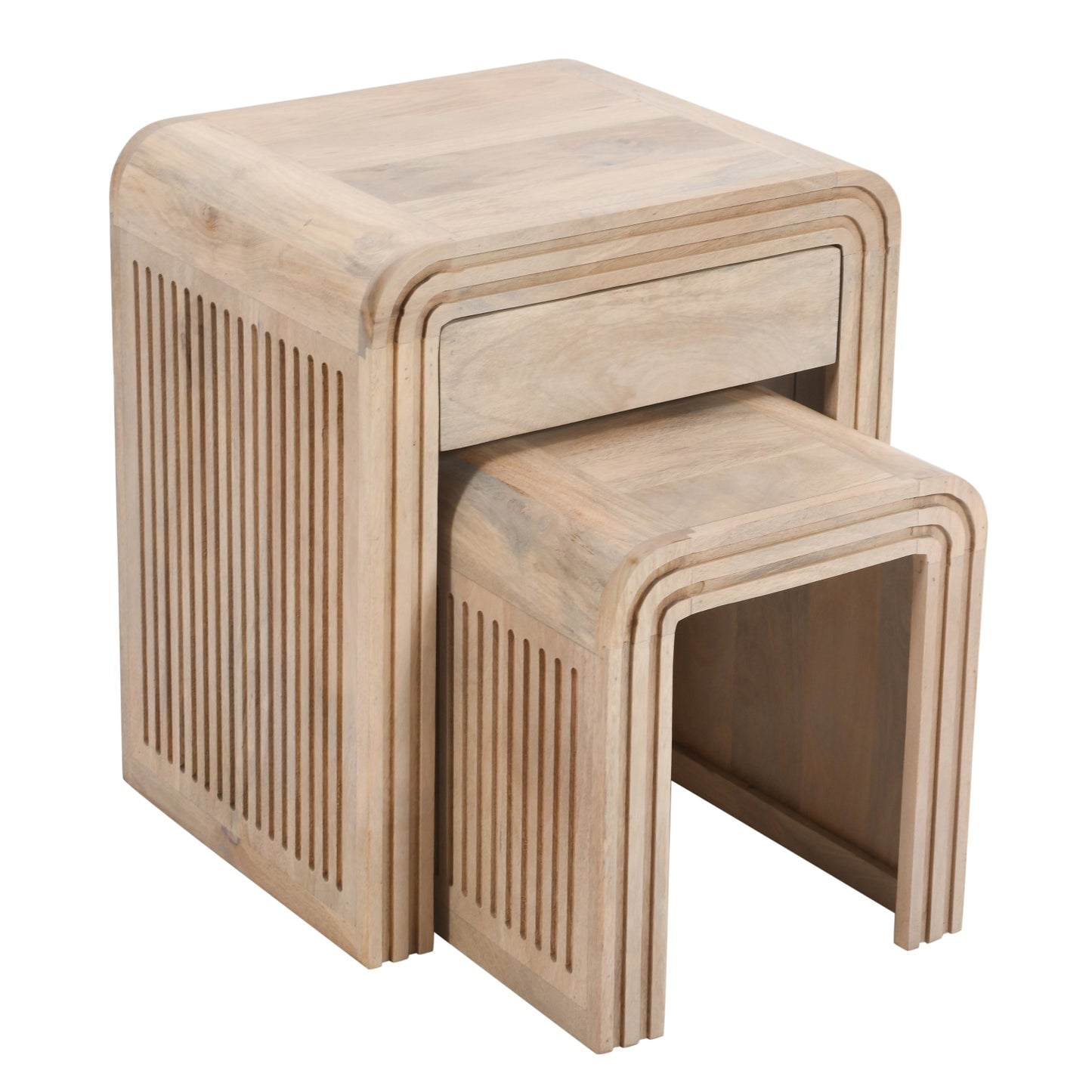 Carved Mango Wood Nest of 2 Tables with Drawer
