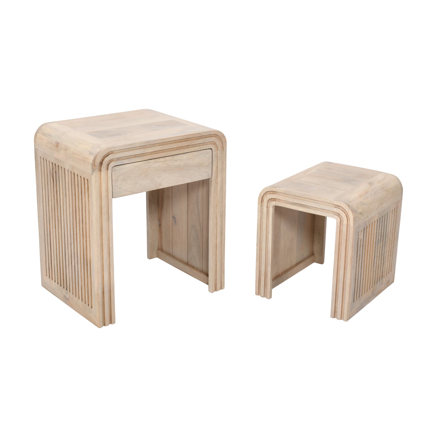 Carved Mango Wood Nest of 2 Tables with Drawer