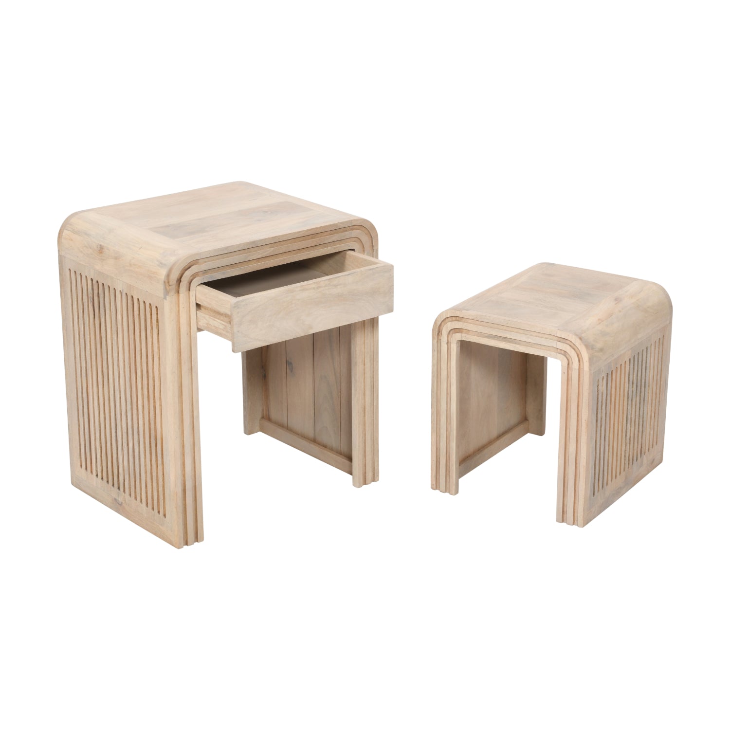Carved Mango Wood Nest of 2 Tables with Drawer