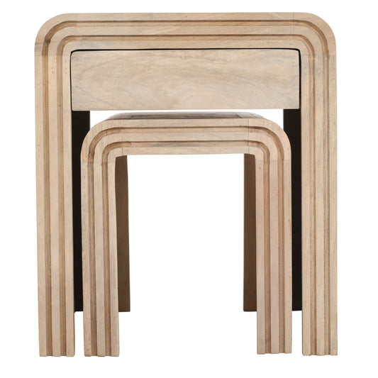 Carved Mango Wood Nest of 2 Tables with Drawer