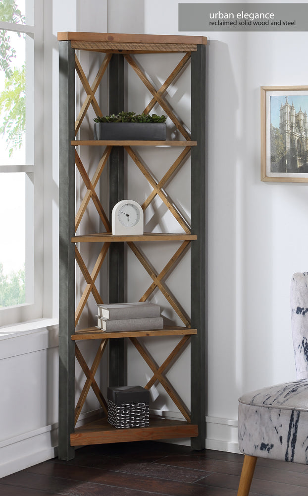 Reclaimed Large Corner Bookcase :  Large tall Corner, solid Reclaimed Wood and Steel Bookcase, stylish