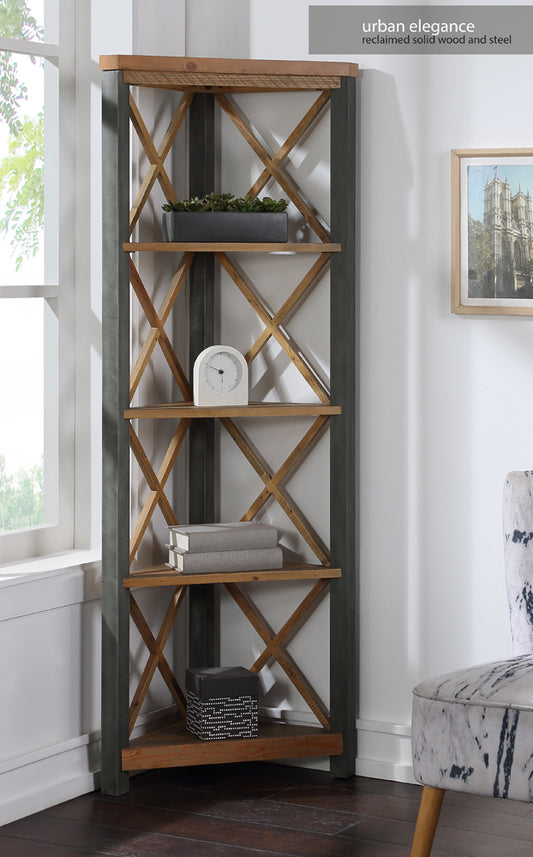 Reclaimed Large Corner Bookcase :  Large tall Corner, solid Reclaimed Wood and Steel Bookcase, stylish