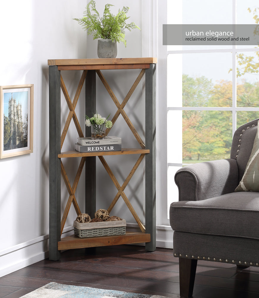 Reclaimed Small Corner Bookcase :  Small Low Corner, solid Reclaimed Wood and Steel Bookcase, stylish