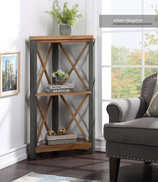 Reclaimed Small Corner Bookcase :  Small Low Corner, solid Reclaimed Wood and Steel Bookcase, stylish