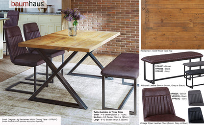 Reclaimed SMALL (Diagonal Leg / 95cm x 170cm top) 4-6 seater :  Reclaimed Wood and Steel Dining Table, stylish