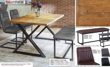 Reclaimed SMALL (Diagonal Leg / 95cm x 170cm top) 4-6 seater :  Reclaimed Wood and Steel Dining Table, stylish