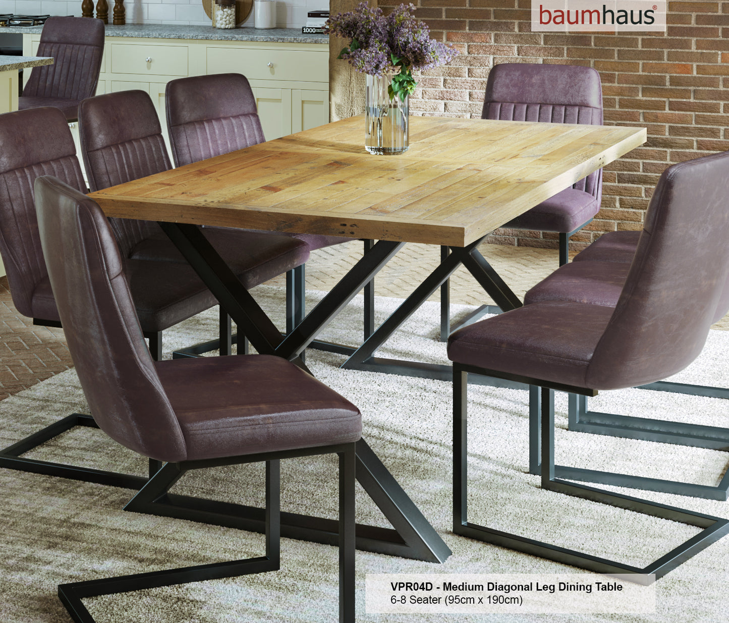 Reclaimed Table MEDIUM (Diagonal Leg / 95cm x 190cm top) 6-8 seater :  Reclaimed Wood and Steel Dining Table, stylish