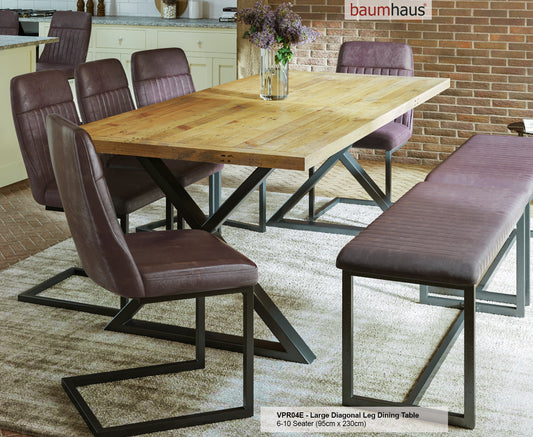 Reclaimed Table LARGE (Diagonal Leg / 95cm x 230cm top) 6-10 Seater :  Reclaimed Wood and Steel Dining Table, stylish