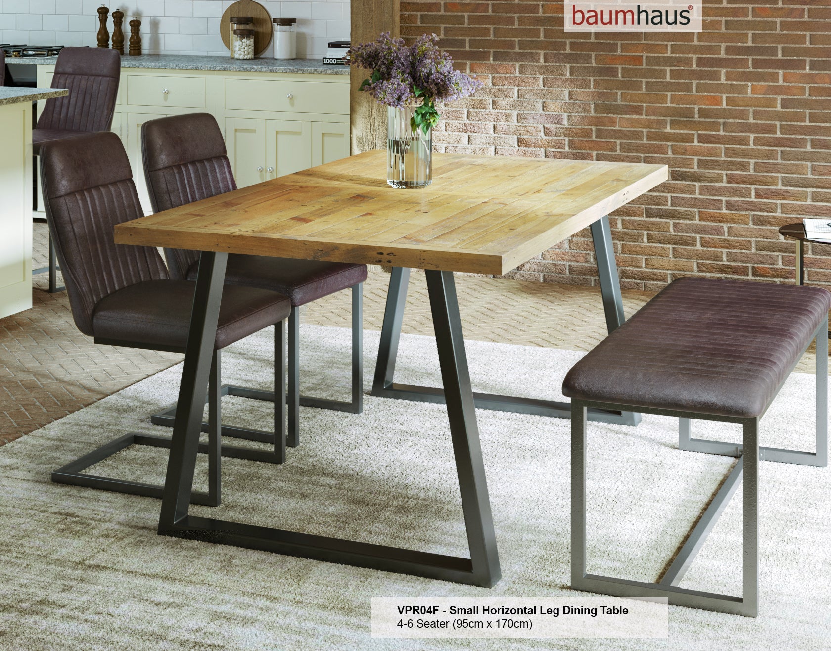Reclaimed Table SMALL (Horizontal Leg / 95cm x 170cm top) 4-6 seater :  Reclaimed Wood and Steel Dining Table, stylish