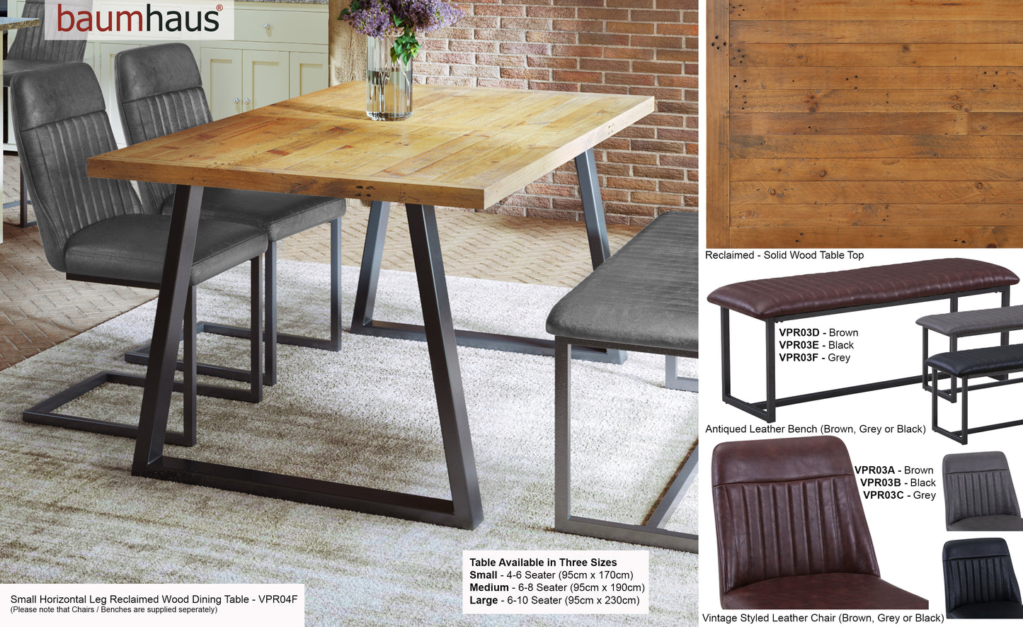 Reclaimed Table SMALL (Horizontal Leg / 95cm x 170cm top) 4-6 seater :  Reclaimed Wood and Steel Dining Table, stylish