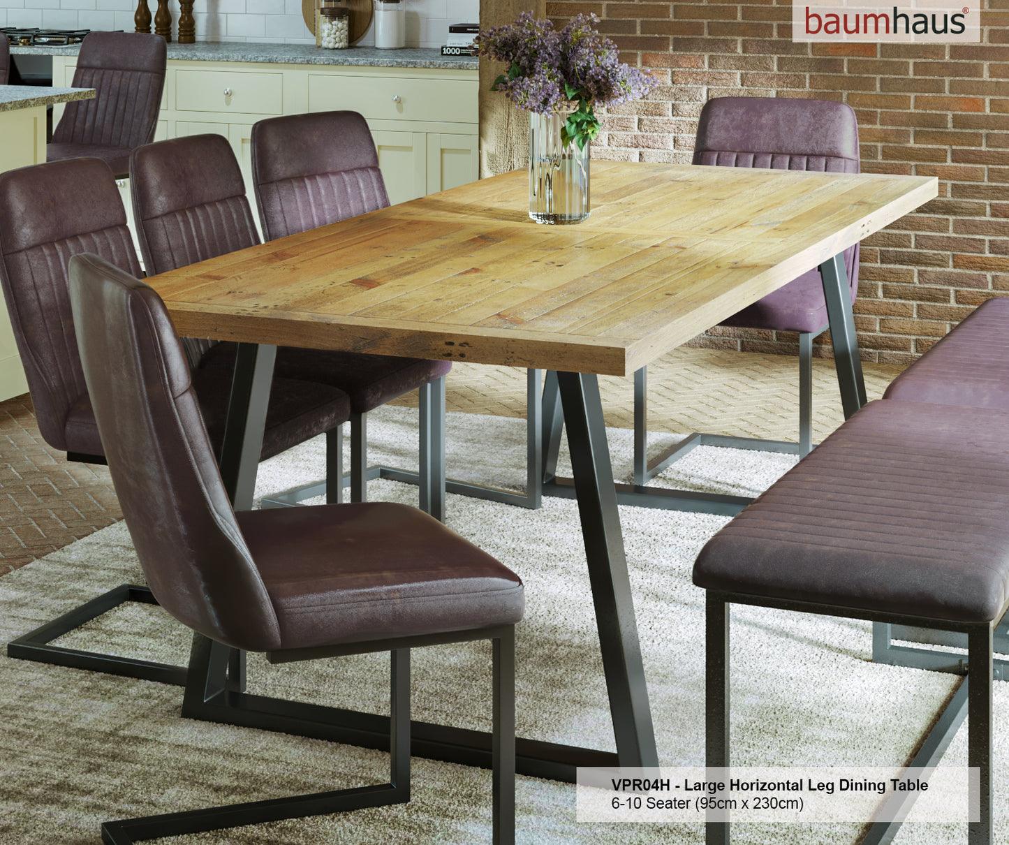 Reclaimed Table LARGE (Horizontal Leg / 95cm x 230cm top) 6-10 seater :  Reclaimed Wood and Steel Dining Table, stylish