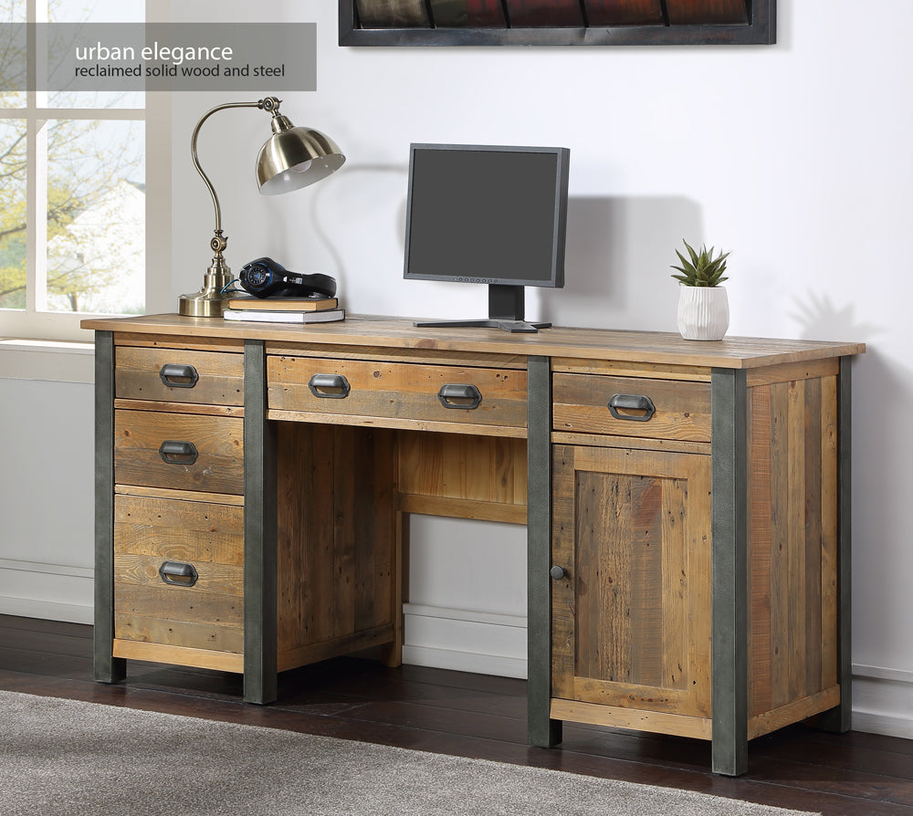 Reclaimed Twin Pedestal Home Office Desk :  Reclaimed Wood and Steel Large Home Office Desk, stylish
