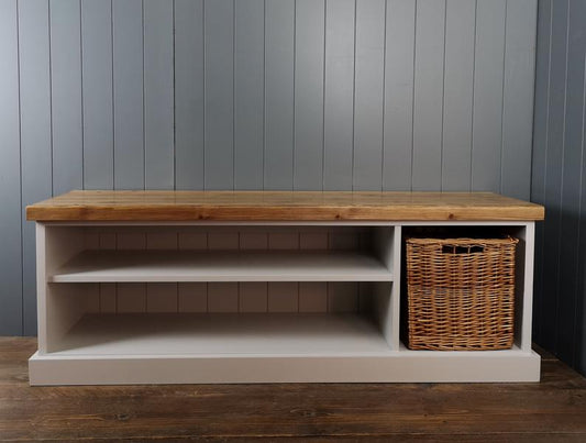 Shoe storage hallway bench with basket. 