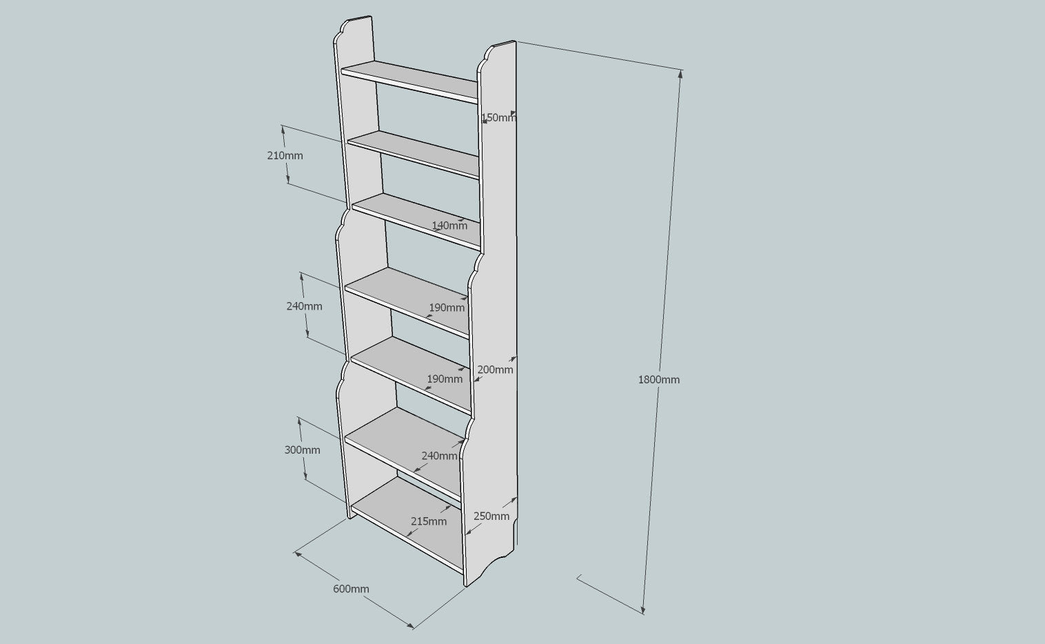 Dimensions for Waterfall book case or display shelves