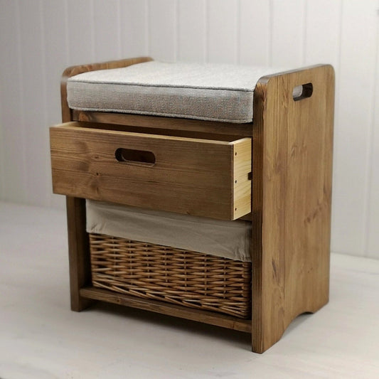 Hallway storage seat with cushion, drawer and wicker storage basket. handmade and finished in antique pine