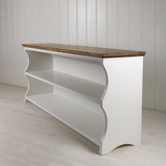 Painted shoe bench. Painted white with an antique pine top.