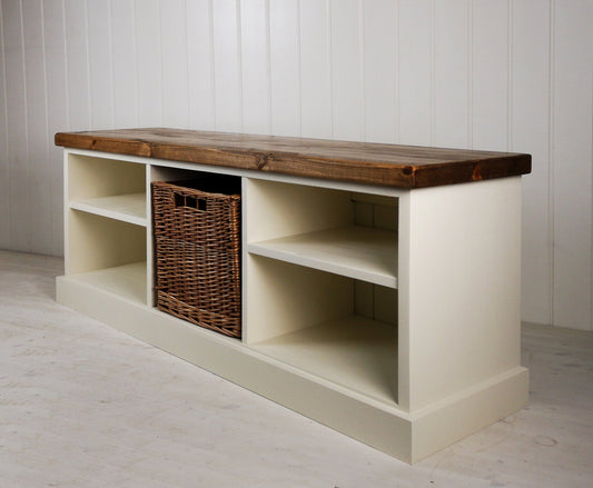 Painted two shelf shoe rack with storage basket in the middle. Antique pine rustic top strong enough to sit on.