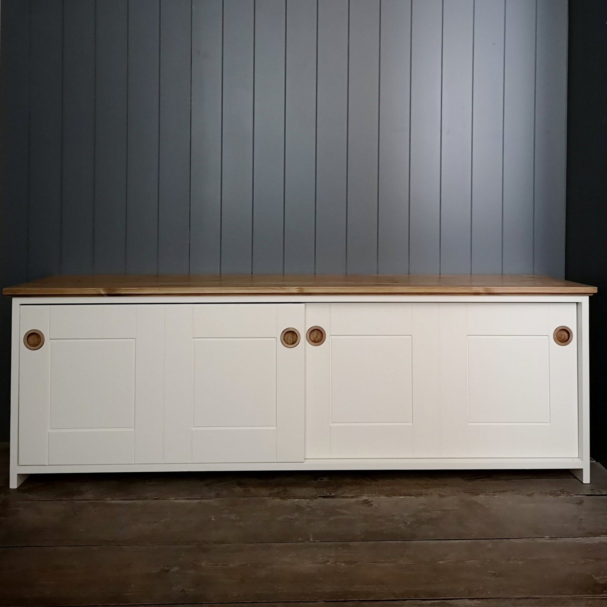 Hand made antique white painted storage cupboard with sliding doors