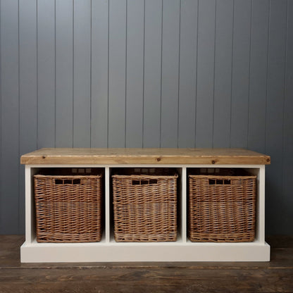 Handmade solid wood painted hallway bench with 3 large wicker baskets for storing shoes.