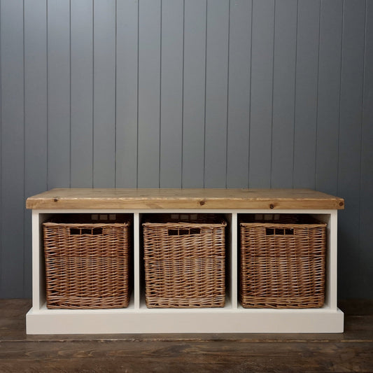 Handmade solid wood painted hallway bench with 3 large wicker baskets for storing shoes.
